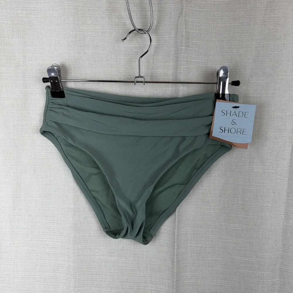 Shade & Shore Bikini Bottom Womens XS Green Mid Rise Pleated Medium Coverage New